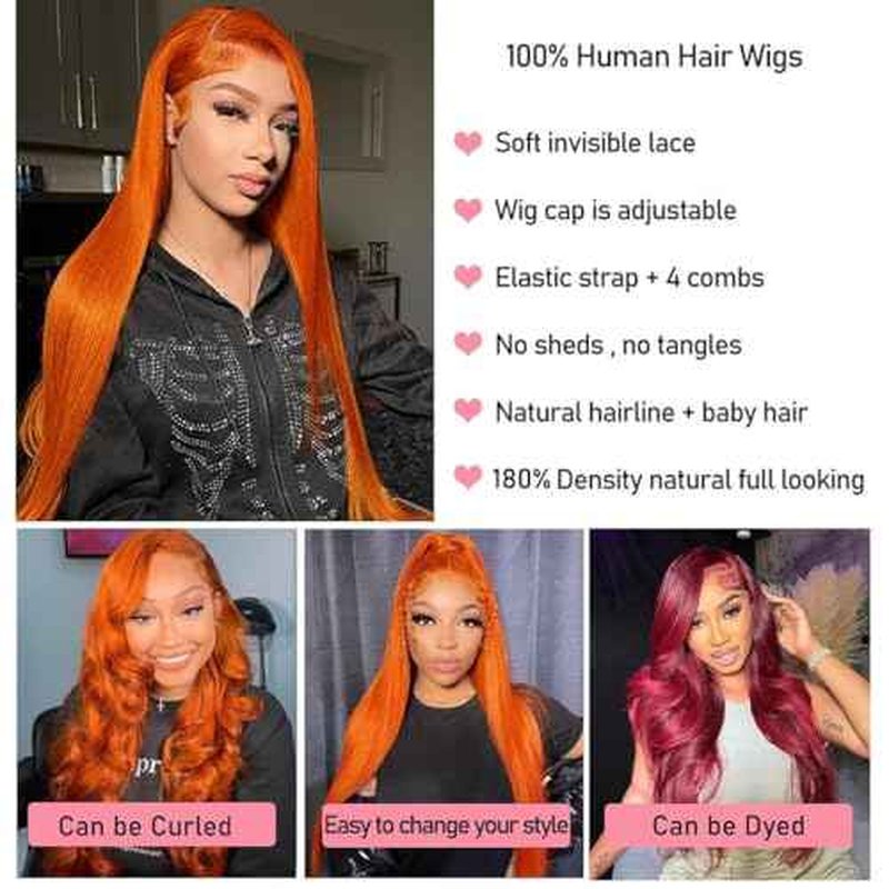 30inch 13X4 Ginger Wig Human Hair Straight Lace Front Wigs 180% Density HD Transparent Lace Frontal Glueless Pre Plucked with Baby Hair 350 Orange Colored Wig