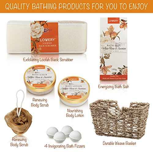 Home Spa Gift Basket - White Rose & Jasmine - Luxurious 11pc Bath & Body Set For Men & Women, Contains Shower Gel, Bubble Bath, Body Lotion, Scrub, Bath Salt, 4 Bath Bombs, Loofah & Basket