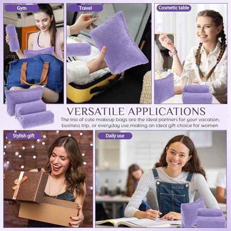 3 Pcs Makeup Bag Set for Women Corduroy Cosmetic Pouch Aesthetic Smile Travel Toiletry Bag Cute Purse Pouch Pencil Case Makeup Brushes Storage Organizer for Christmas(Purple,Solid Style)