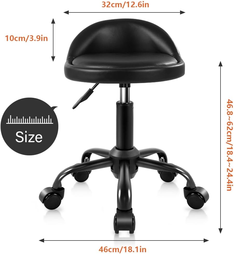 Rolling Stool with Backrest - Height Adjustable Swivel Drafting Chair | PU Leather, Small, Black