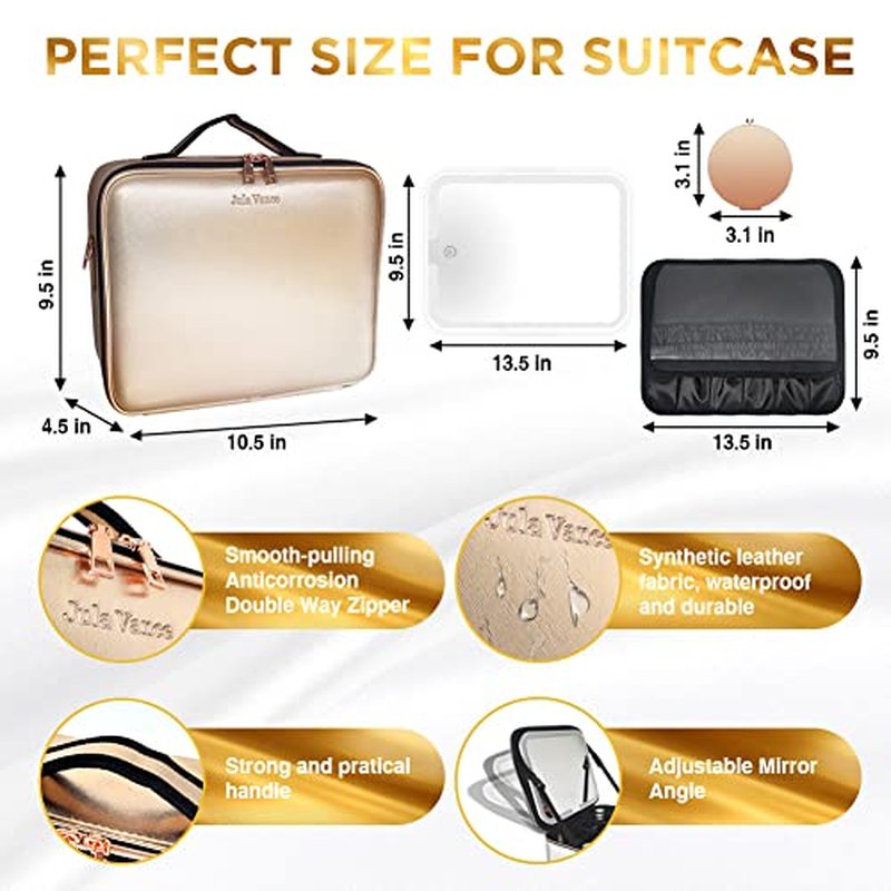 Travel Makeup Case with Removable Large Mirror and Lights 3 Color Adjustable Brightness Dividers with Shoulder Strap Rechargeable,Waterproof,for Travel or Business, Large