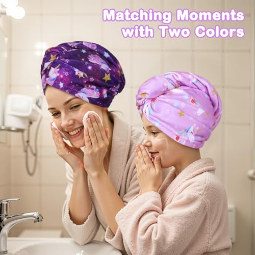 FIOBEE Microfiber Hair Towel Wrap for Kid Rapid Drying Towel Absorbent Hair Turbans for Wet Hair with Button Women Girls Long Curly Hair Pack of 2, Purple