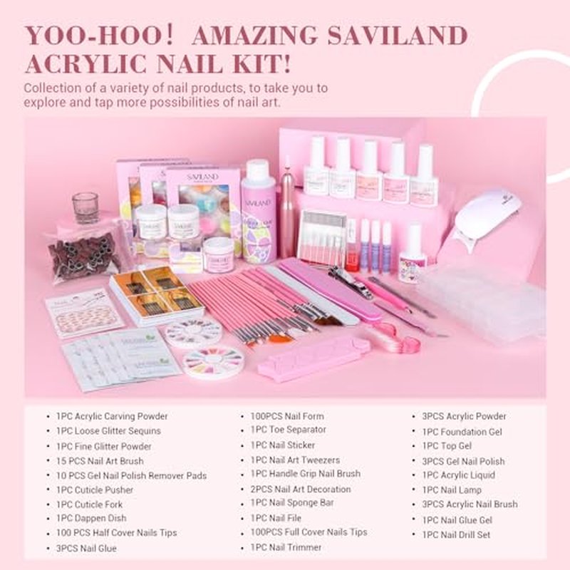 SAVILAND Essentials Acrylic Nail Kit with Everything: Professional Nail Kit Set with Nail Drill U V Nail Lamp Gel Polish Nails Tips for Salon Manicures at Home