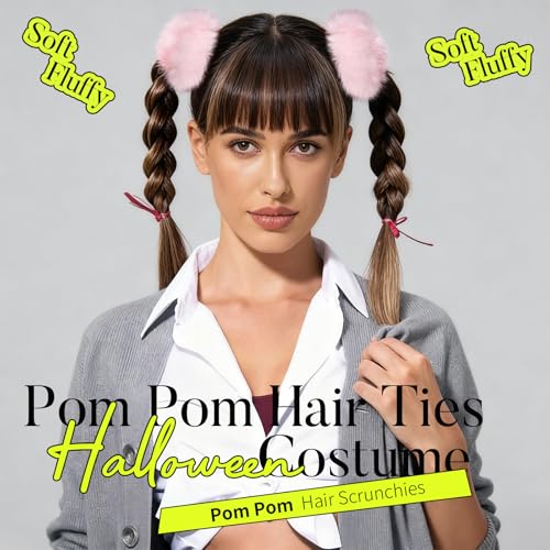YGDZ 4PCS Pink Pom Pom Hair Ties, Furry Faux Rabbit Fur Light Pink Scrunchies, Hair Ties Ponytail Holders, Hair Accessories for Girls Women