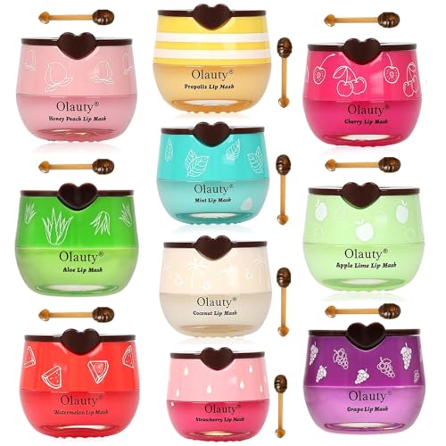 10 PCS Bee Lip Balm Honey Pot, Strawberry,Coconut,Watermelon,Cherry,Mint,Aloe,Grape & Peach, Honey Lip Balm Bulk, Moisturizing Sleep Lip Mask Hydrating Prevention Dry & Cracked, Reduce Lip Lines