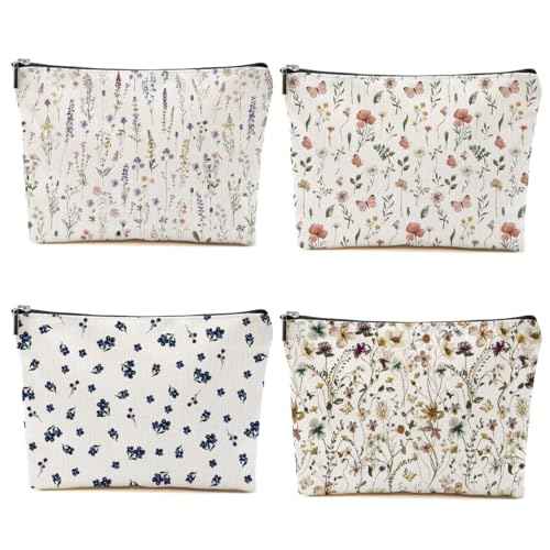 4PCS Floral Makeup Bags for Women, Cute Flower Aesthetic Travel Toiletry Bag, Coquette Cosmetic Bag, Portable Zipper Pouch Cosmetics Pouch Gifts for Women Girls Girlfriend Mom