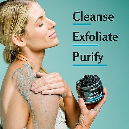 Exfoliating Charcoal Scrub with Collagen & Stem Cells ? Salt Scrub for Body Toning, Cellulite, Armpit Detox, and Skin Smoothing for Face, Feet, and Body by M3 Naturals.