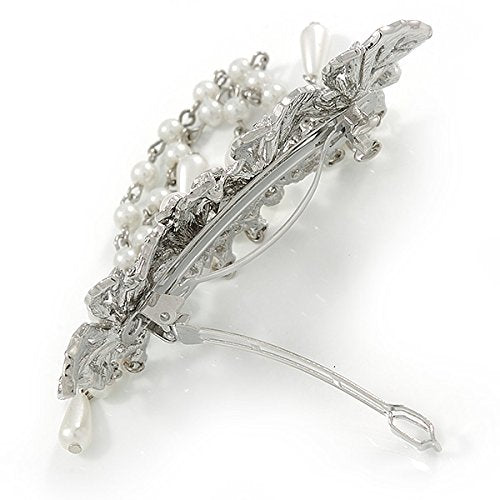 Rhodium Plated Floral Barrette Hair Clip - Clear Crystal & White Faux Pearl | 95mm
