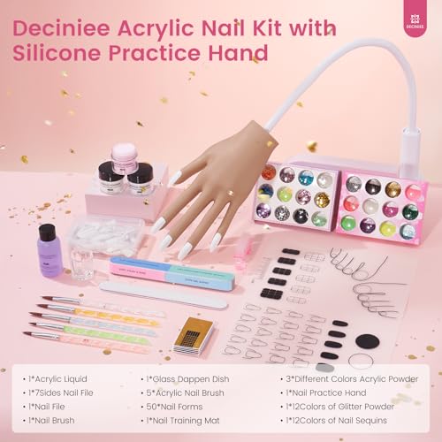 Practice Hand for Acrylic Nails Kit: Silicone Hand for Nail Practice with Nail Kit for Beginners - Bendable Training Fake Hand Manicure Acrylic Powder Set for Salon Home