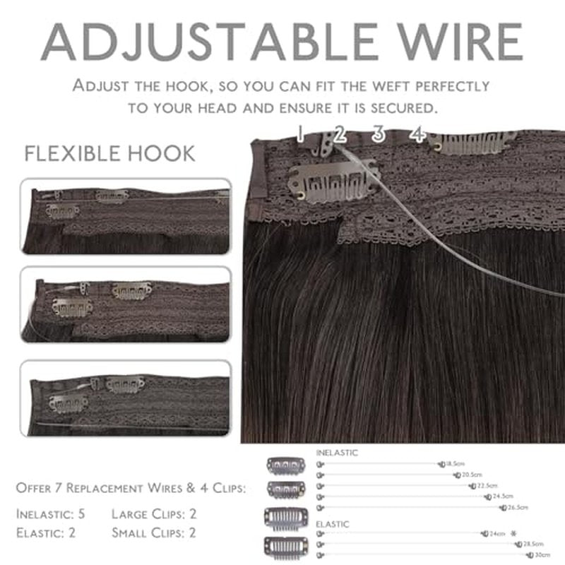 WENNALIFE (Increase 50% Lifespan) Real Human Hair 14 inch 75g Dark Brown Remy Invisible Transparent Wire Fish Line Hair Extensions Straight Real Hair Extensions