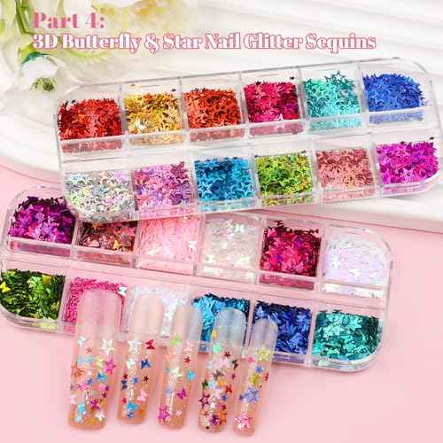 12 Boxes Nail Art Kit with Nail Charms, Gems, Rhinestones & Studs - Flatback Rhinestones, 3D Gold/Silver Charms, White Half Pearls, Pink Flower Charms, Star/Butterfly Sequins + 4 Tools for DIY Crafts