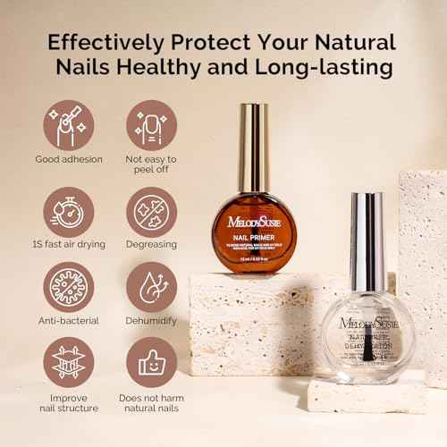 MelodySusie 2PCS Nail Dehydrator and Primer, Professional Natural Hema Free and Acid Free Primer,Dehydrator for Acrylic Powder and Gel Nail Polish,Fast Dry 15ML