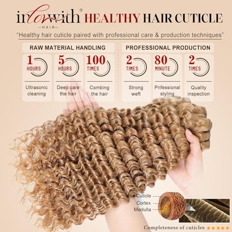 inlovwith Honey Blonde Deep Wave Human Hair Bundles, Selected Healthy Deep Curly Bundles Human Hair 27# Colored Brazilian Virgin Hair Wet and Wavy (Single Bundle, 20 Inches)