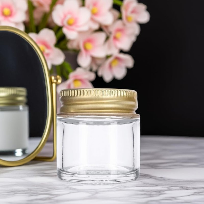1 oz / 30 ml Clear Thick Glass Jar with Gold Metal Airtight Lid (12 Pack)
