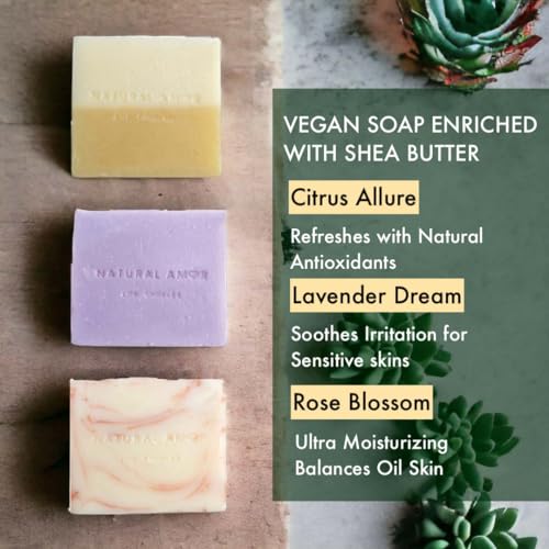 Natural Amor Handmade Soap Bar Set 3 Pk, Made with Natural Ingredients, No Harsh Chemicals, Soap Gift Sets for Women, Handcrafted Atisan Soaps, 3.5oz each