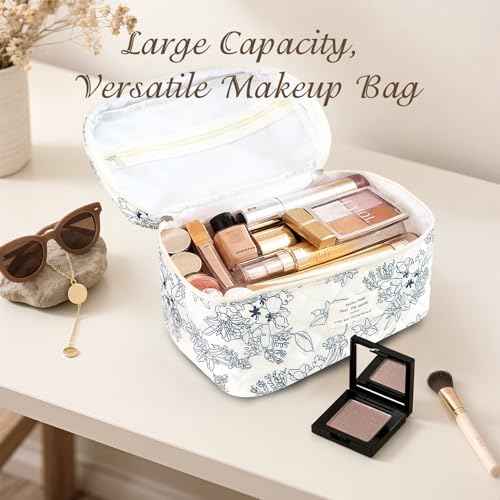 Large Travel Quilted Makeup Bag for Women, Floral Cotton Cosmetic Bag Cute Coquette Aesthetic Floral Toiletry Organizer Bag for Girls Little Blue Flower Cosmetic Zipper Storage Bag