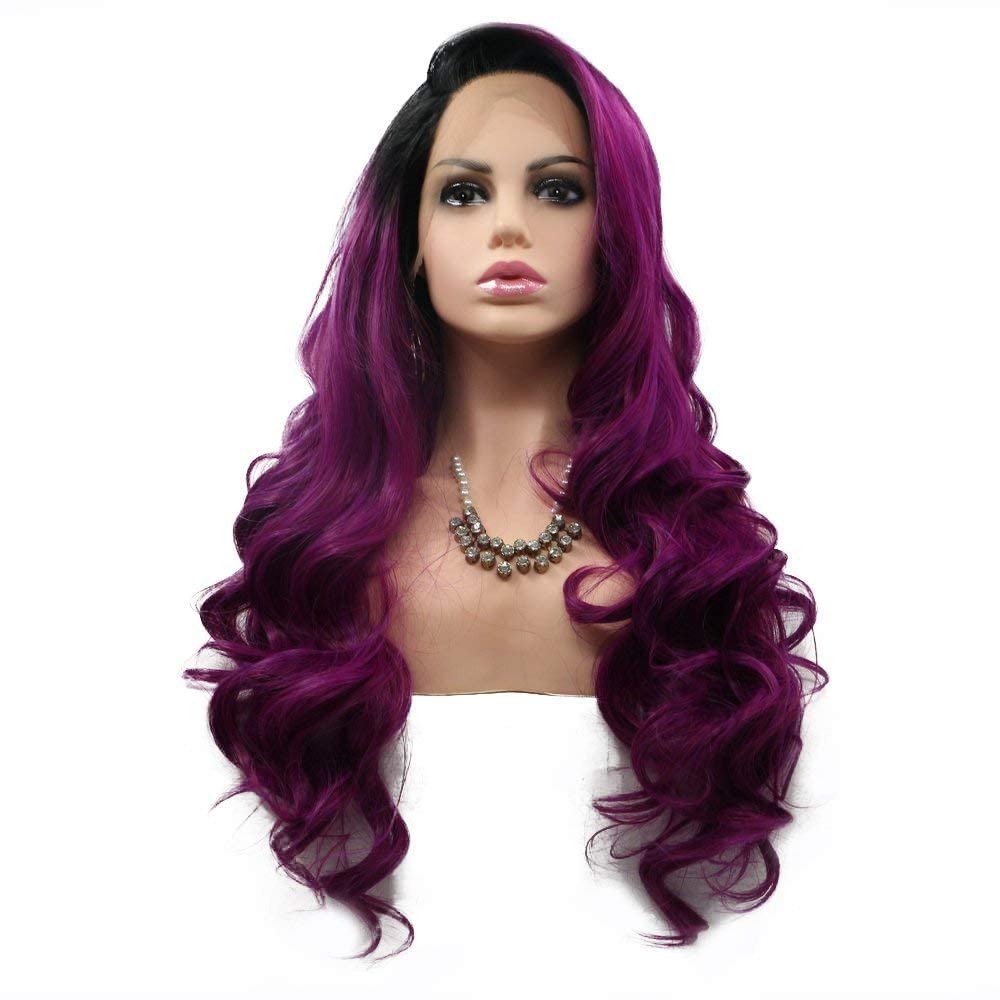 Kalisa Dark Purple Long Wavy Synthetic Lace Front Wig Ombre Purple with Black Root Side Part Wig Heat Resistant Fiber Makeup Wig for Women 24 Inches