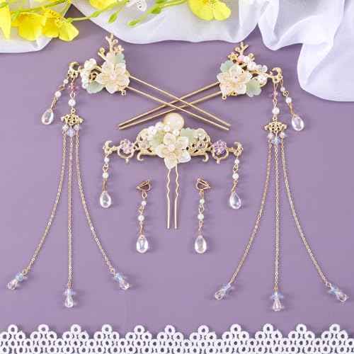 5PCS Orchid Flower Tassels Hairpin, Crystal Rhinestone Pearl Hair Clips Headpiece Retro Chinese Hanfu Floral Wedding Brides Hair Accessories Jewelry for Women Girls Updo Long Hair