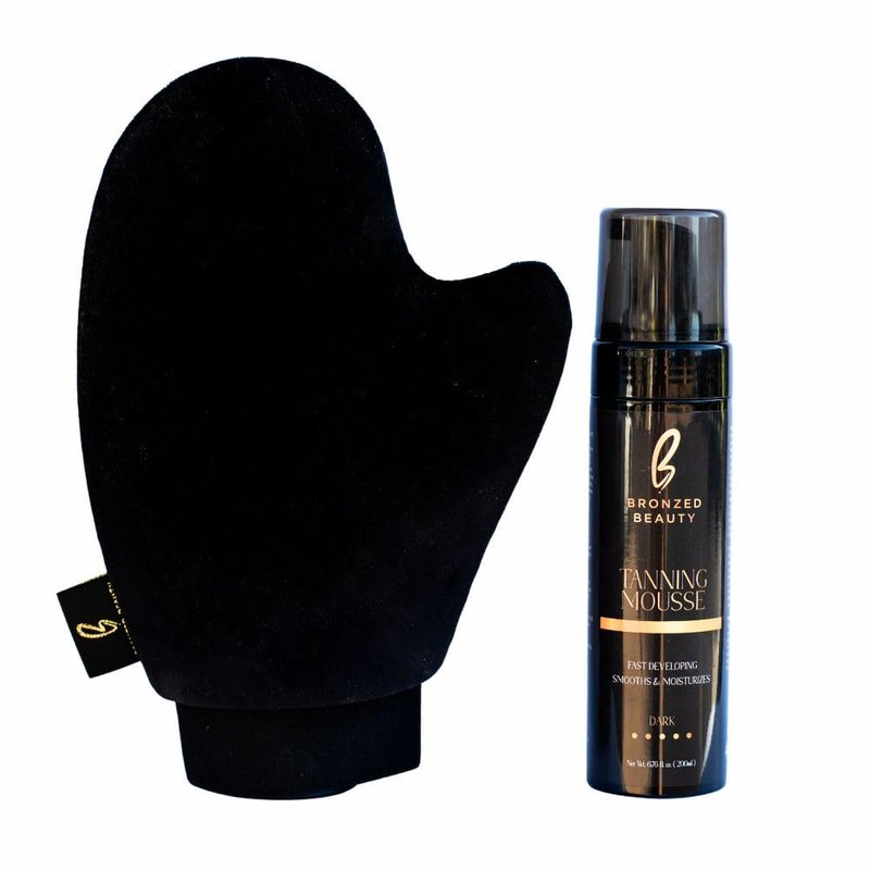 Bronzed Beauty Dark Tanning Mousse Kit – 6.7fl oz Self-Tanning Mousse with Mitt Bundle – Deep Natural Bronze Shade – Stain-Free, Even Application – Nourishing Self Tanner with Vitamin E and Aloe Vera