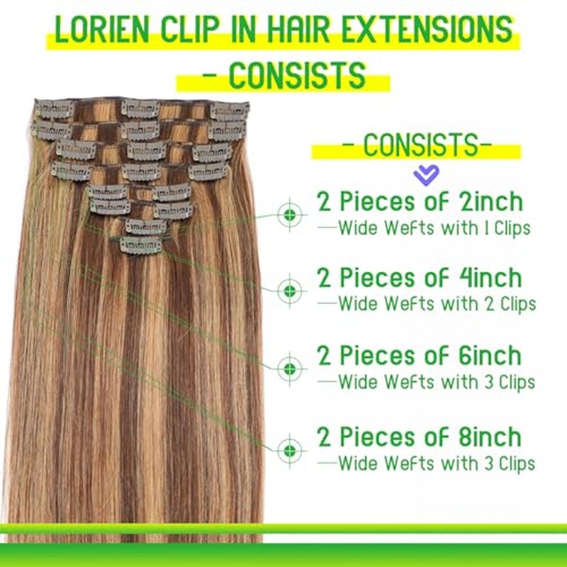 LORIEN Clip in Hair Extensions Real Human Hair, 14 Inch 80g, 4/27 Chocolate Brown to Caramel Blonde Color, Clip in 100% Brazilian Remy Human Hair Extensions 8pcs Per Set with 18 Clips Double Weft