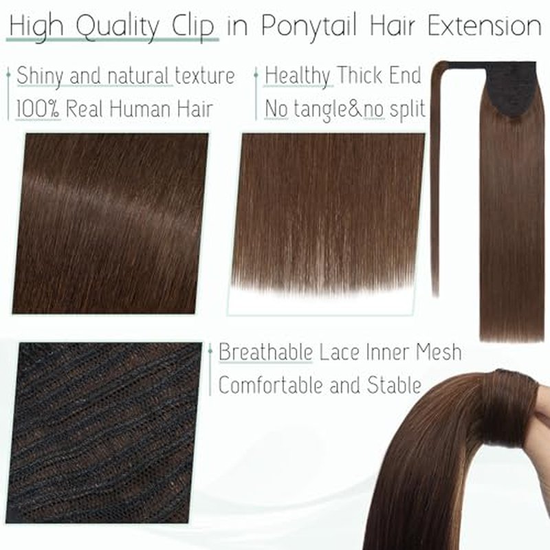 S-noilite Wrap Around Ponytail Extension Human Hair #4 Medium Brown Ponytail Extensions Real Remy Hair 14inch Long Straight Clip in Human Hair Ponytail 80Grams