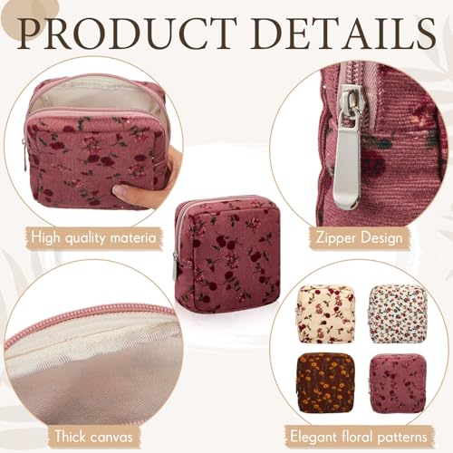 Abbylike 4 Pcs Floral Makeup Bag Cosmetic Bag with Zipper Portable Small Pouches for Purse Toiletry Mini Pouch Cute Mini Makeup Purse for Coin Essentials Items Women (Retro)