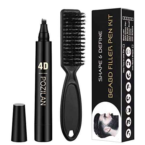 Long-Lasting Water-Resistant Black Men's Beard Grooming Kit - Micro-Fork Tip Pen, Bristle Brush for Natural Looking Mustache, Eyebrows, and Facial Hair Styling