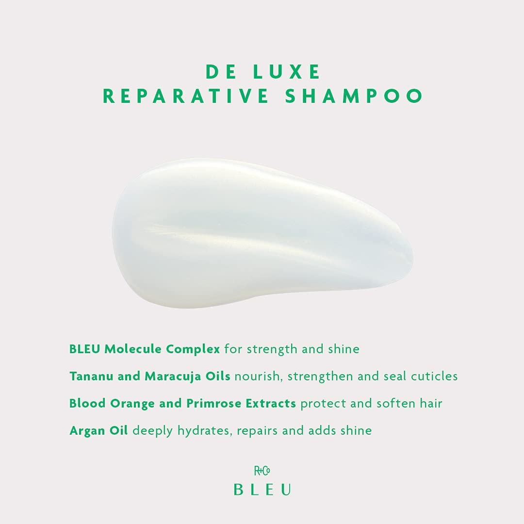 R+Co BLEU De Luxe Reparative Shampoo – Reparative Cleanse for Coarse, Fragile & Damaged Hair – Hydrates, Strengthens, & Repairs – Seals Cuticles, Improves Texture & Elasticity – Sulfate-Free – 8.5 oz