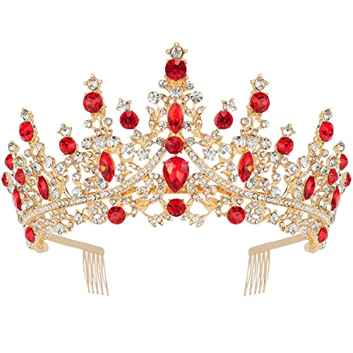 CURASA Crystal Tiaras and Crowns with Comb Princess Crown for Women Rhinestones Wedding Crown for Bride Birthday Crowns for Women Girls Royal Queen Crowns for Custome (Red)