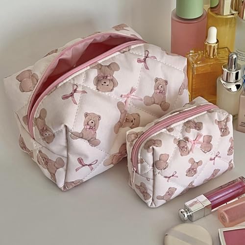 Teddy Bow Makeup Bag Set of 2, Cotton Quilted Bear Makeup Bags with Satin Pink Bows, Cute Girly Toiletry Pouch Set, Small Bag for Purse, Coquette Accessories, Aesthetic Gift Set for Women Teen Girls