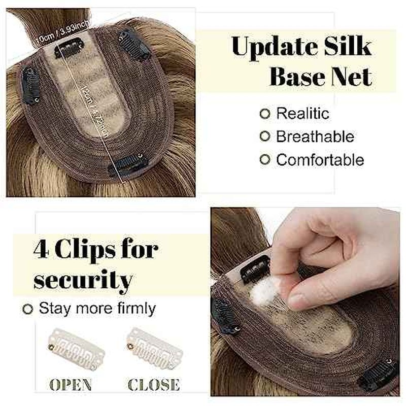 SEGO Hair Toppers for Women With Bangs Real Human Hair, 130% Density 10 * 12CM Silk Base Clip in Top Wiglet Hairpieces for Thinning Hair-14 Inch 4P27 Medium Brown&Dark Blonde