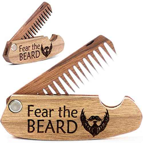 Beard Comb Gifts for Him Wooden Comb for Men Folding Pocket for Moustache Hair Walnut Combs Husband with the Engraving (Fear The Beard)