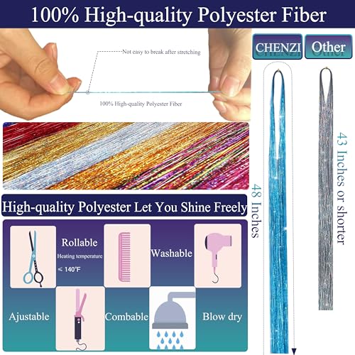 22 Colors 7700 Strands Hair Tinsel Kit, 48 Inch Glitter Tinsel Hair Extensions for July Fourth Christmas New Year Halloween Cosplay, Heat Resistant Fairy Hair Accessories for Girls, Kids, Women