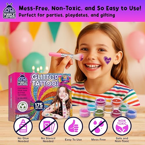 PURPLE LADYBUG 175-Piece No-Mess Temporary Glitter Tattoo Kit for Kids & Teens - Craft for Girls 8-12, Birthday Gift for Girls 6-12, Sleepover Kit, Shimmer Body Art, Halloween Party, Trick or Treat