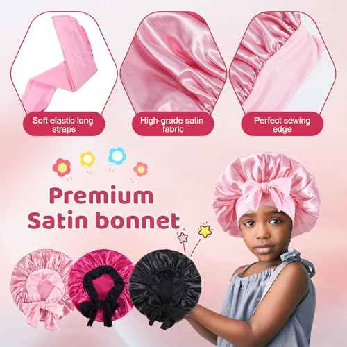3 PCS Kids Satin Bonnets,Soft Bonnet for Sleeping with Elastic Band,Satin Silk Bonnet for Girls,Kids Sleeping Cap for Teens Nature Curly Hair,3 Color with 6 Hair Scrunchies