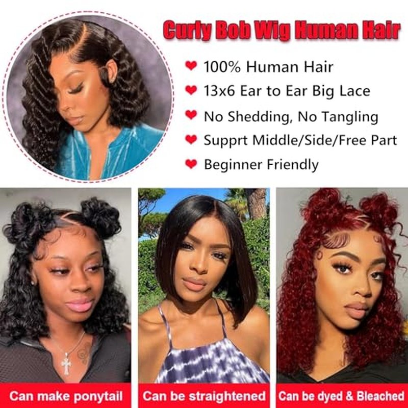 Nakkia 13x6 Deep Wave Bob Lace Front Wig Human Hair 13x6 Lace Frontal Wigs 180% Density Curly Bob Wig Human Hair Pre Plucked for Women Natural Black 12 Inch