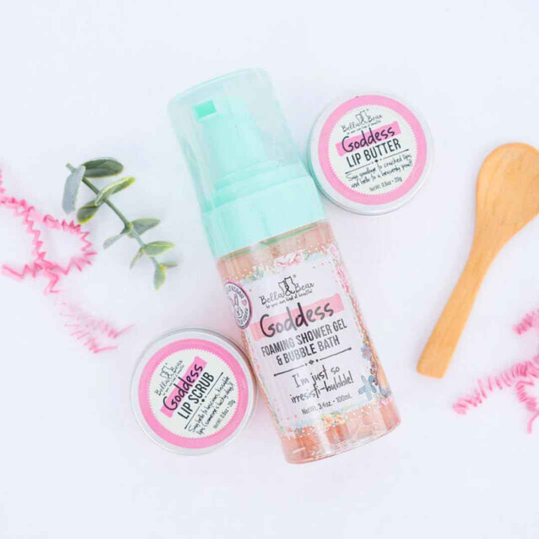 Bella & Bear Goddess MIdi Bath & Body Gift Set with Foaming Shower Gel & Bubble Bath, Body Scrub & Lip Scrub and Lip Butter - Gift - Women