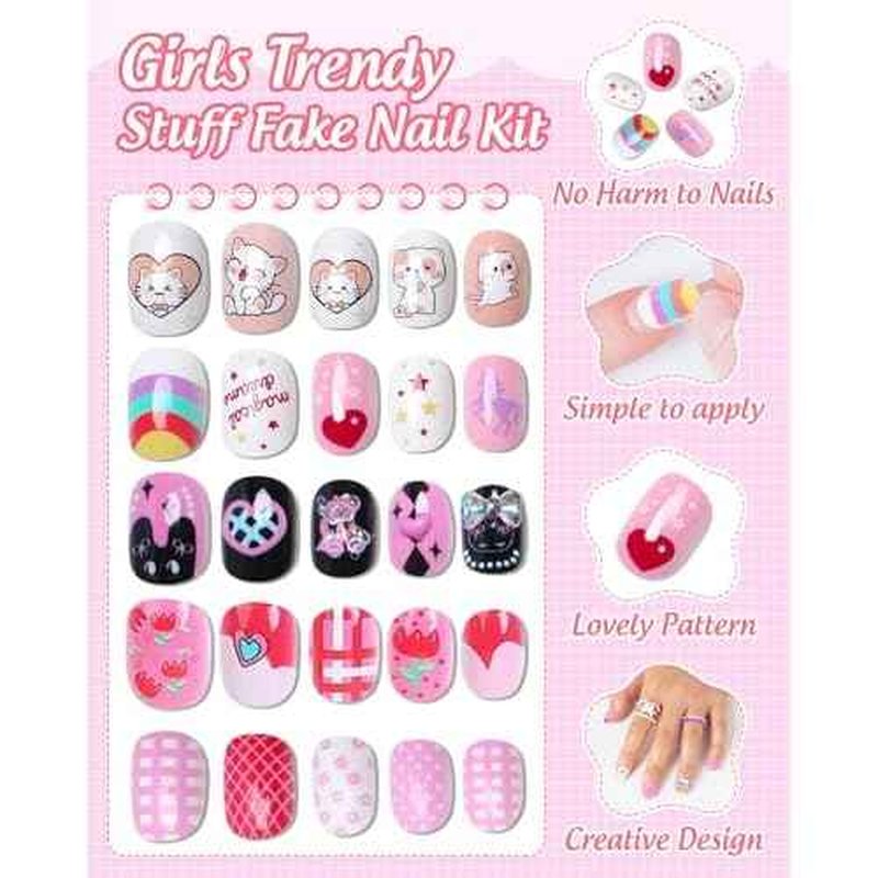 120PCS 5 Pack Press on Nails for Kids,Tweens Girls Soft Fake Nail Kit, Reusable Creative Design kids Nails, Full Cover Glitter Stick on Nails Girl Nails for Kids Ages 8-12