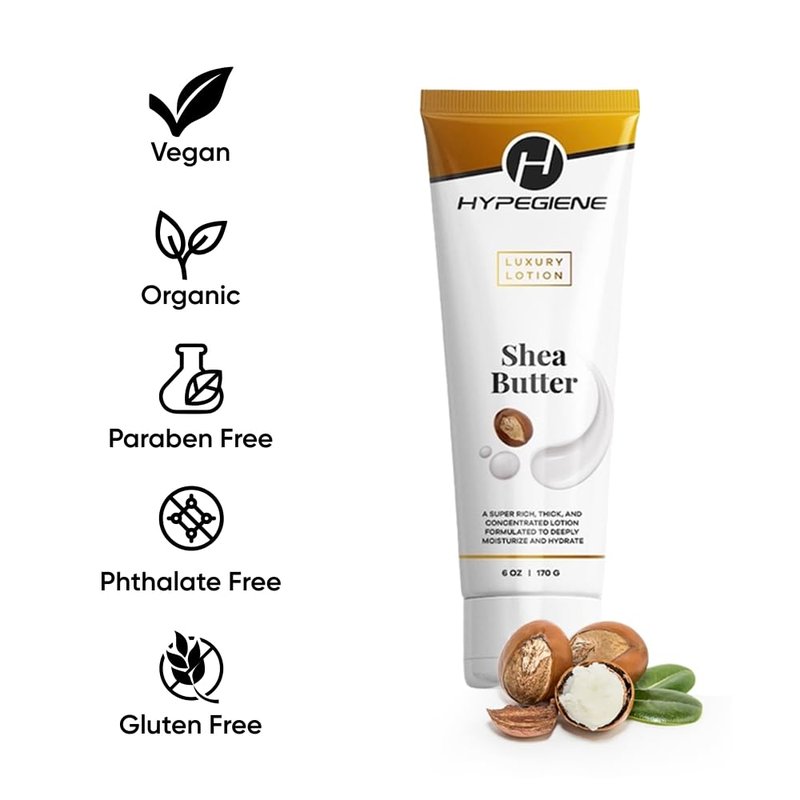 Hypegiene Shea Butter Lotion - Deep Hydrating Daily Moisturizer - Non-Greasy Organic Paraben Free Rich Shea Butter Hand Lotion & Vegan Body Lotion For Dry & Sensitive Skin (6oz)
