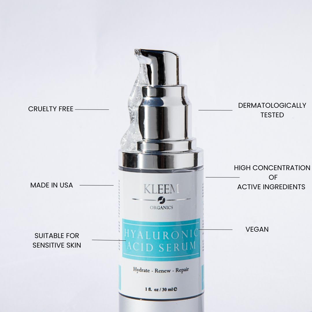 Kleem Hydrating Hyaluronic Acid Serum for Face – Deep Hydration & Skin Barrier Support - Anti Aging Face Serum with Antioxidants & Aloe Vera - Plumped, Hydrated & Softer Skin - 1 Fl Oz (30ml)