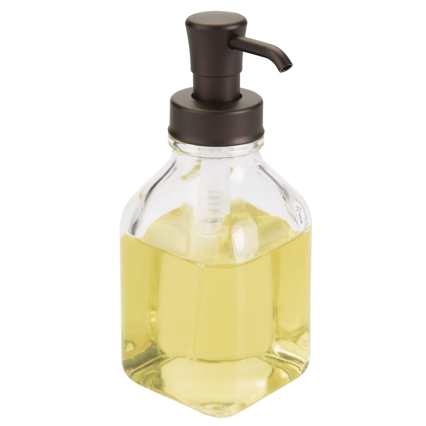 mDesign Square Glass Refillable Liquid Soap Dispenser Pump Bottle for Bathroom Vanity Countertop, Kitchen Sink - Holds Hand Soap, Dish Soap, Hand Sanitizer, Essential Oils - 2 Pack - Clear/Bronze