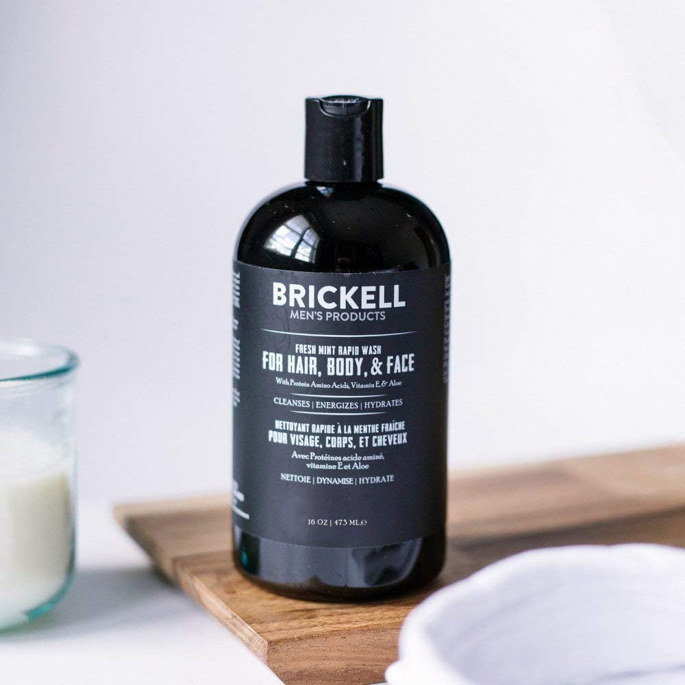 Brickell Men's Rapid Wash, 3 in 1 Body Wash Gel for Men, With Aloe, Vitamin E, and Jojoba Oil, 16 Ounce, Fresh Mint Scent