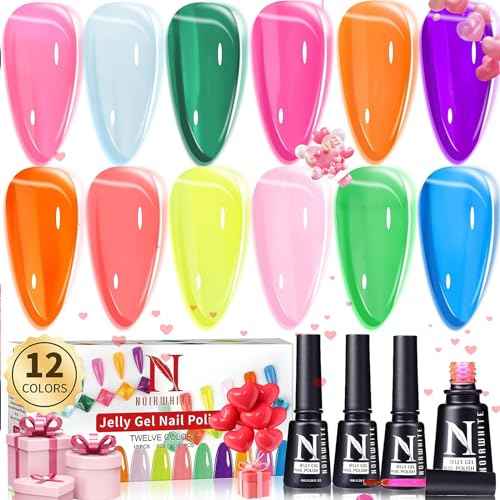 Jelly Gel Nail Polish, 12 Pcs Glossy Trendy Colors Transparent Nail Polish Set Nude Pink Purple Green Blue Yellow Colors Jelly Nail Polish Kit UV LED Soak Off Home DIY Nail Art Salon