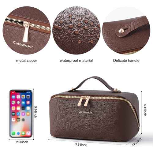 Makeup Bag, Travel Toiletry Bag for Women, Large Capacity Waterproof PU Leather Cosmetic Bags Make Up Organizer Bags with Headband and Wristband Set (Black, Lychee Pattern)