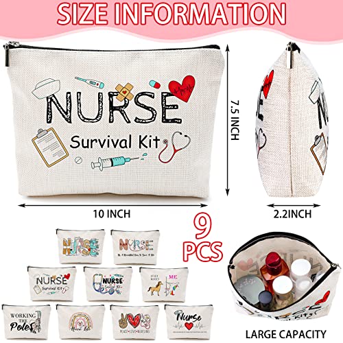 Pinkunn 9 Pcs Nurse Makeup Bags Nursing Gifts for Women Cosmetic Bag with Zipper Nursing Travel Toiletry Bag Accessories Survival Kit for Birthday Gift Funny for Nurses Student Thank You Christmas