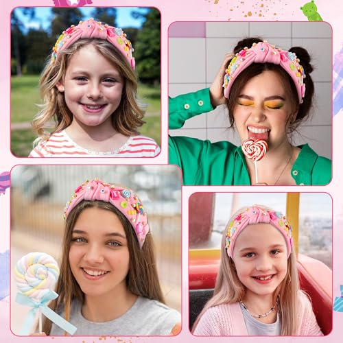 PANTIDE Candy Jeweled Knotted Headband - Halloween Rainbow Lollipop Rhinestone Embellished Preppy Headband Non Slip Wide Top Knot Hairband Hair Accessories Birthday Gift for Women Girls (Pink)