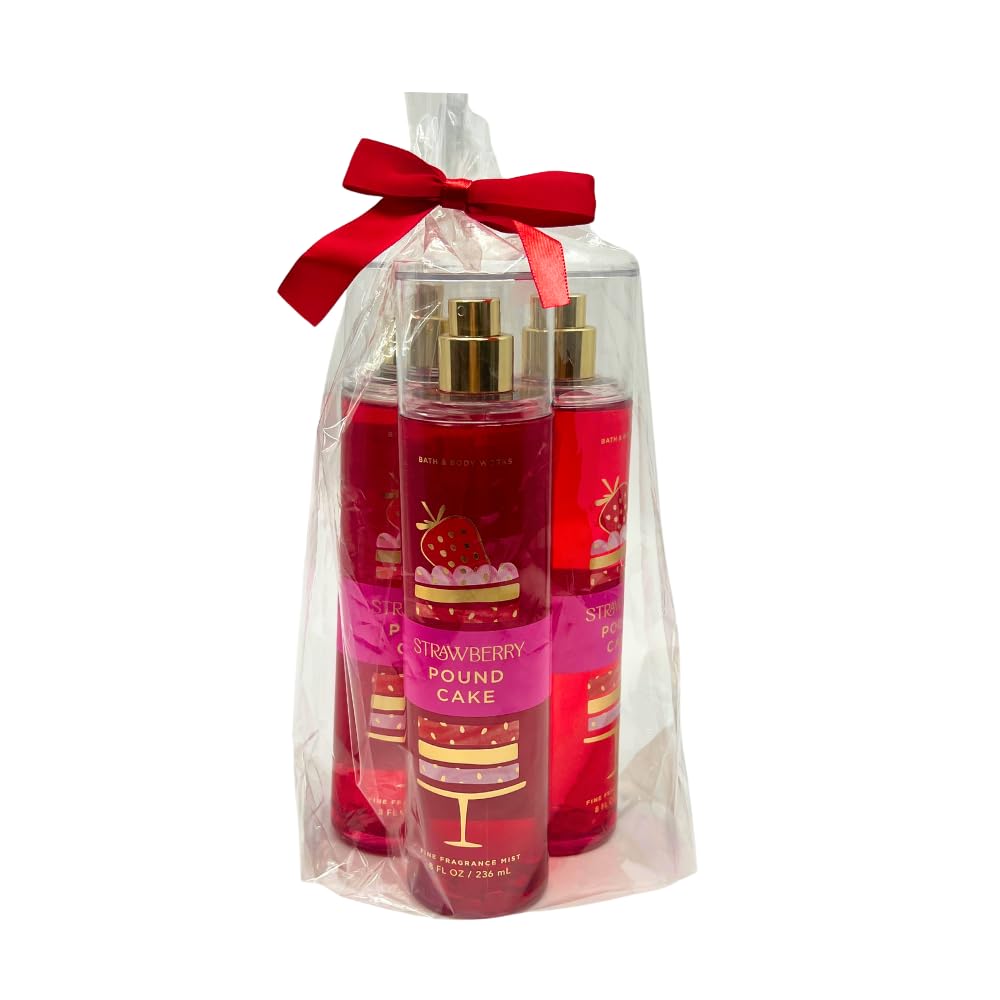 Bath & Body Works STRAWBERRY POUND CAKE Fine Fragrance Mist with a Red Bow for Holidays & Gifts 8 fl oz - 3 Pack