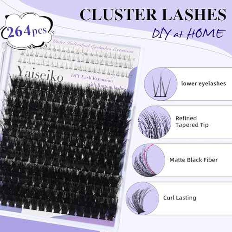 Lash Clusters with Bottom Lashes Thick 200D Volume Individual Lashes 12-25mm Wispy Eyelash Clusters D Curl Cluster Eyelash Extensions 264pcs DIY Lash Extension for Beginners