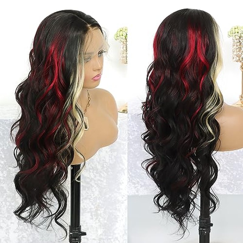 Highlight Red Skunk Stripe Blonde Synthetic Lace Front Wig Glueless Long Wavy Colored Mixed Red Black 13x4 Lace Front Wigs for Women Pre Plucked with Baby Hair 24 Inches 150 Density