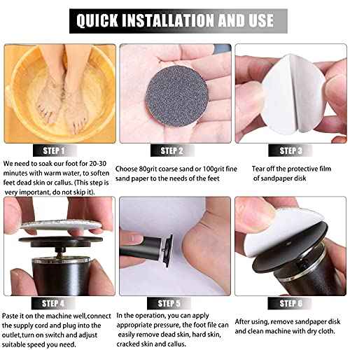 Electric Foot File Callus Remover Professional Foot File Pedicure Tools Adjustable Speed 60pcs Replacement Sandpaper disc Easy to Remove Cutin Dead Skin calluses(Black 60pcs)